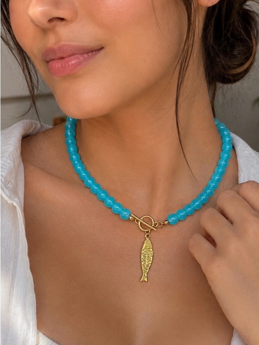 NEW! Turquoise Beaded Necklace with Gold Fish Pendant. Boho Blue Necklace A1-42 - Picture 2 of 3